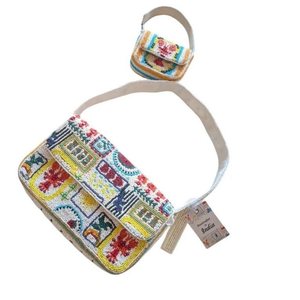 Viral Handcrafted In India Beaded Lobster Coastal Purse Bag + Mini Pouch Set NWT